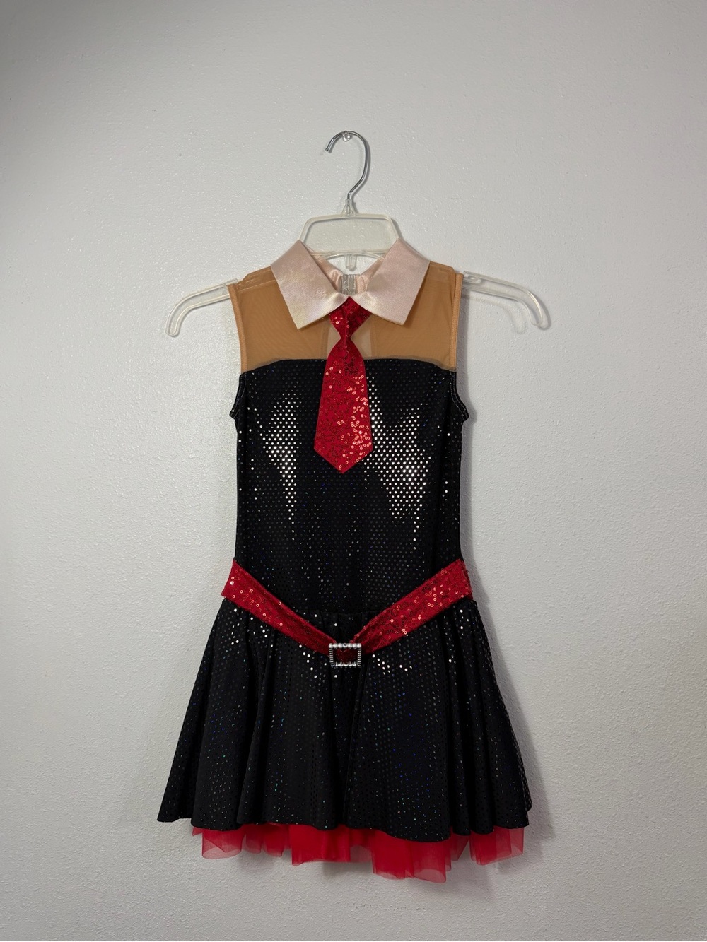 Sequin Black and Red Dance Dress with Red Tie and Belt